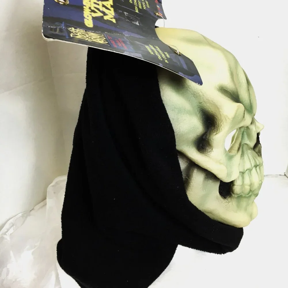Skull Glow in the Dark vinyl mask w/ velour hood 90's NOS NWT Vtg
